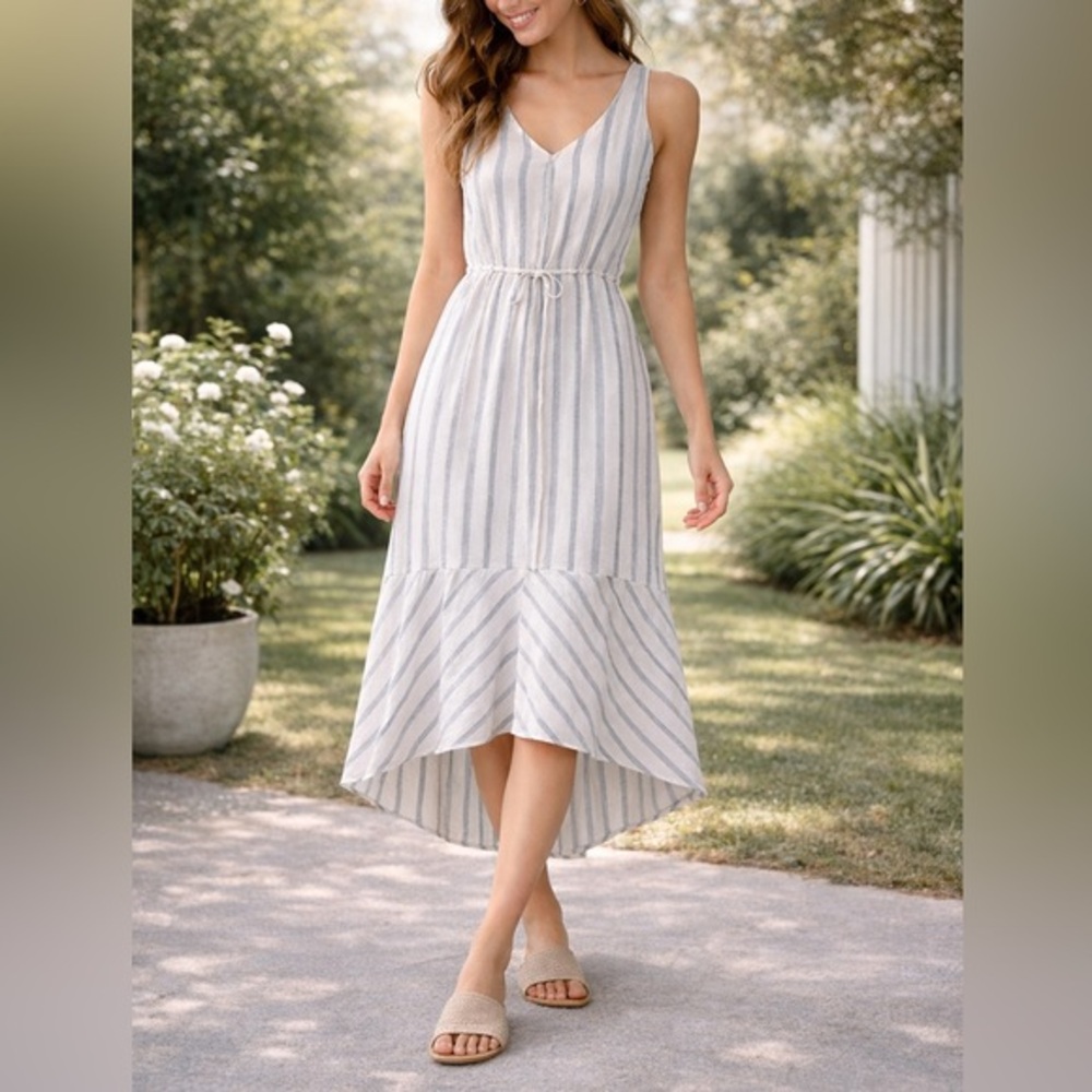 Drew Anthropologie Blue White Striped Linen Blend Hi Low Midi Dress Small